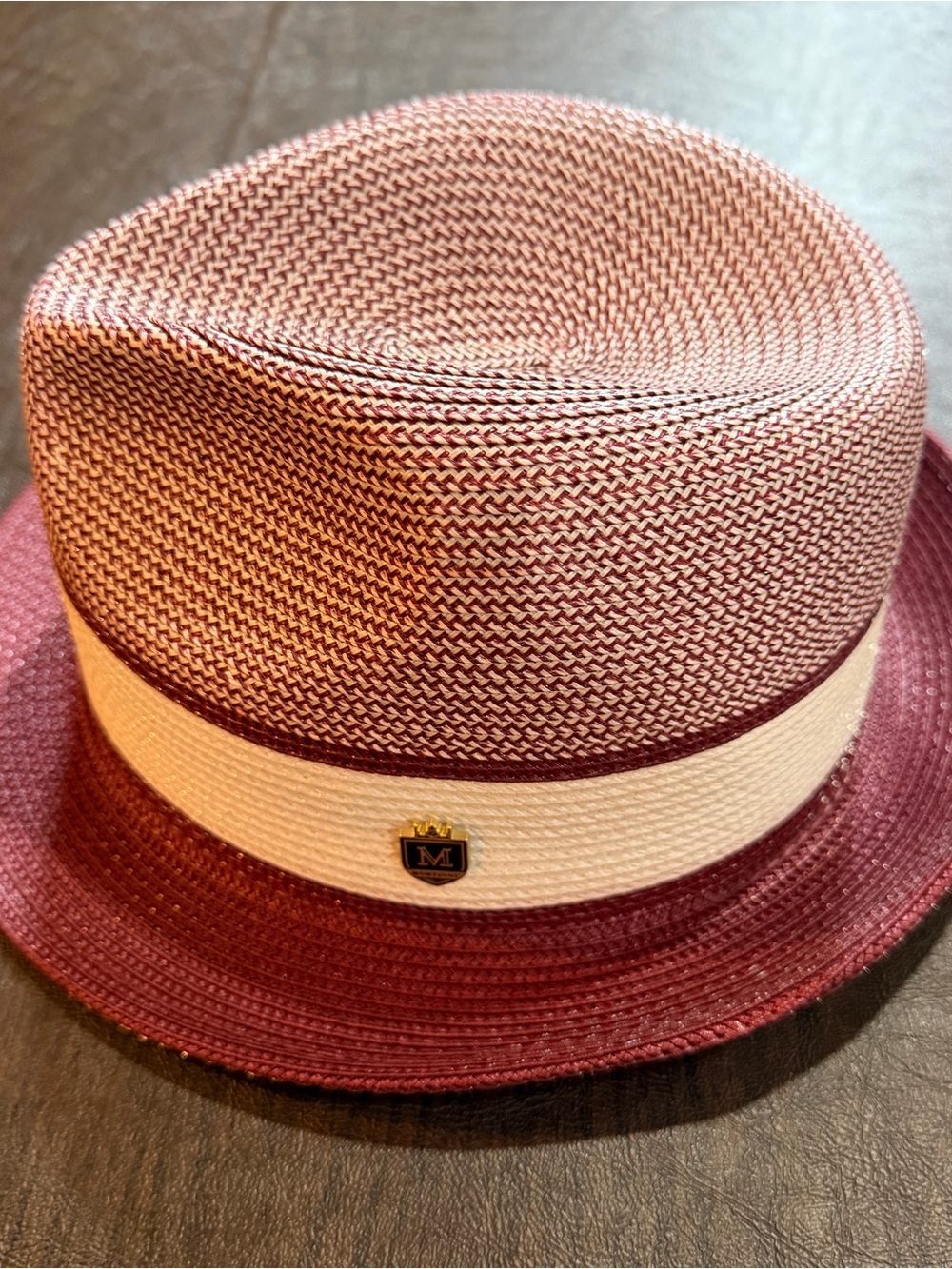 Montique Straw Fedora Hat Burgundy and Cream Sz L
